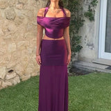 Purple Mesh Two-Piece Set with Sheer Halter Top and Long Skirt
