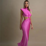 Hollow Out Turtleneck Solid Maxi Dress