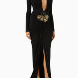 Deep V Neck Long Sleeves Black Maxi Dress  Party Gown