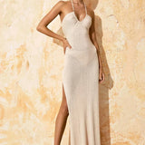 Solid Backless Halter Knit Slit Maxi Dress