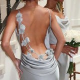 3D Flower Draped Open Back Maxi Dress