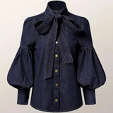 Denim Puff Sleeve High Neck Top