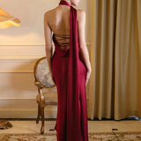 Satin Backless Halter Ribbon Black Maxi Dress