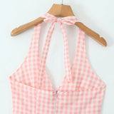 Pink White Plaid Bow Halter V Collar Midi Dress