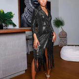Solid Notched Tassel Sequin Decoration Knee Length Dress