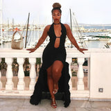 Black Deep Neck Open Back  Ruffled Maxi Dress