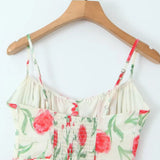 Large Flowers Elastic Buttons Midi Dress