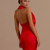 Swinging Collar Backless Pleated Red Stain Maxi Dress