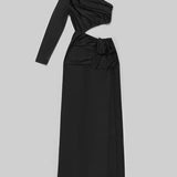 Black Inclined Shoulder High Split Draped Maxi Dress