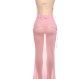Mesh Irregular Ruffles Backless Tops and Long Skirts Suits