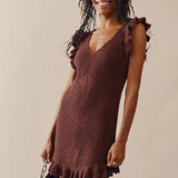 Ruffled Crochet Hollow Out Knit  Beach Mini Dress