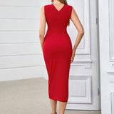 Red Metal Strapless Design Bodycon Midi Dress