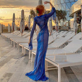Sexy V neck Perspective Ruffle Drawstring Tight Maxi Dresses