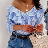 New Blue Striped Ruffles Collar Blouse for Lady Half Sleeve V-Neck Shirts