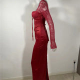 Square Collar Lace-Up Backless Long Sleeve Maxi Dress