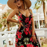 V Neck Floral Print Spaghetti Strap Sleeveless Beach Dress
