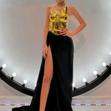 Strapless Gold Top & High-Slit Skirt Set