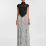 Black Fishbone Top Sequin Mesh Long Skirt Set