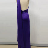 Purple Satin Halter Neck 3D Flower Scarf Maxi Dress