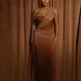 One Shoulder Draped Glitter Brown Maxi Dress