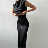 Sleeveless Top Suit With Front Split Skirt
