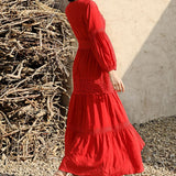 Women Cotton Patchwork Lace Dresses V-Neck Lantern Sleeve Maxi Dress