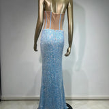 Strapless Mesh Sequins Ruffles Maxi Dress