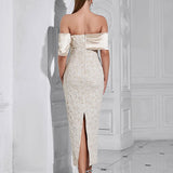 Slash Neck Embossed Flower Beige Dress