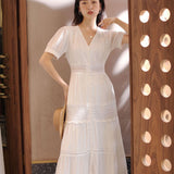 Women Cotton Patchwork Lace Dresses V-Neck Lantern Sleeve Maxi Dress
