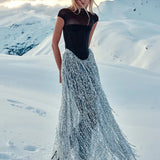 Black Fishbone Top Sequin Mesh Long Skirt Set