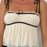 Ruffles Patchwork Camis Sleeveless Tie-up Strap Tank Bow Ruched Summer Mini Vest Party Clubwear  Crop Tops