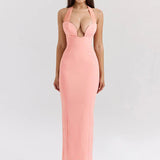 Pink Deep Neck Halter Bodycon Midi Dress