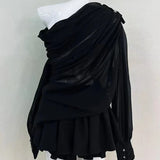 Skew Collar Lantern Sleeve Bowknot Mini Skirt Suit