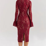 V-Neck Hollow Out Long Sleeve Black Lace Maxi Dress
