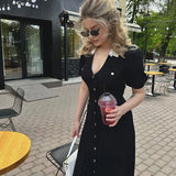 Ribbed Contrast Collar Short Sleeve Buttoned Midi Dress