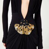 Deep V Neck Long Sleeves Black Maxi Dress  Party Gown