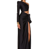 Black Inclined Shoulder High Split Draped Maxi Dress