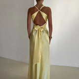 V Neck Sleeveless Satin Bow Backless Maxi Dress