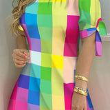 Women Off Shoulder Summer Mini Dress Short Sleeve Bow Tie Striped Plaid Floral Vestidos