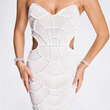 Women V Neck White Pearl Beading Maxi Dress