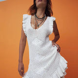 Ruffled Crochet Hollow Out Knit  Beach Mini Dress