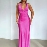 Satin V-neck Back Strappy Bow Maxi Dress