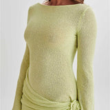 Floral Draped Open Back Knit Long Sleeve Mini Dress