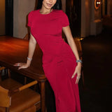 Solid Short Sleeve Ruched Maxi Dress
