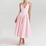 Pink White Plaid Bow Halter V Collar Midi Dress