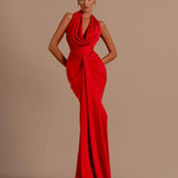 Swinging Collar Backless Pleated Red Stain Maxi Dress