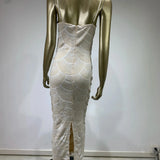 Women V Neck White Pearl Beading Maxi Dress