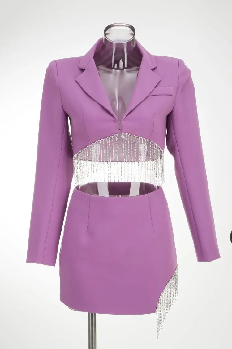 Purple Tassel Skirt and Long Sleeve Jacket Set