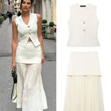 Button Knit Top Side Zipper Skirt Suit