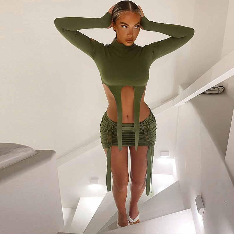 Hollow Out Tassel Long Sleeve Crop Tops 2 Pieces Skirt Set